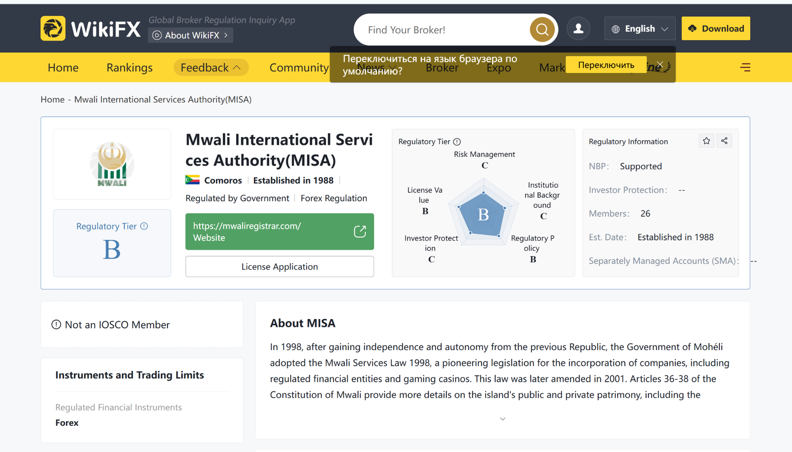Информация о регуляторе MISA на WikiFX